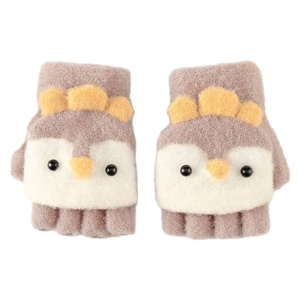Manusi pentru copii, model cu degetele descoperite si capac decapotabil, accesorizate cu pinguini poznasi, tematica happy feet, marime 1 – 5 ani, maro
