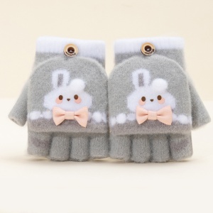 Manusi pentru copii, model cu degetele descoperite si capac decapotabil, prindere cu nasturel, accesorizate cu iepuras fashion, tematica winter style, unisex, marime 3 – 5 ani, gri - Img 3