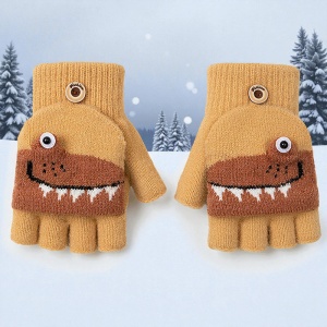 Manusi pentru copii, model cu degetele descoperite si capac decapotabil, prindere cu nasturel, accesorizate cu dinozauri, tematica sweet little monster, baieti, marime 7 – 9 ani, maro - Img 3