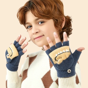 Manusi pentru copii, model cu degetele descoperite si capac decapotabil, prindere cu nasturel, accesorizate cu dinozauri, tematica sweet little monster, baieti, marime 7 – 9 ani, gri inchis cu galben - Img 4