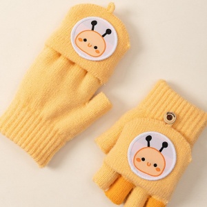 Manusi pentru copii, model cu degetele descoperite si capac decapotabil, prindere cu nasturel, accesorizate cu figurine vesele, tematica happy day, unisex, marime 9 – 12 ani, galbene - Img 4
