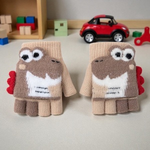 Manusi pentru copii, model cu degetele descoperite si capac decapotabil, accesorizate cu dinozauri, tematica happy winter, unisex, marime 9 – 12 ani, maro - Img 2