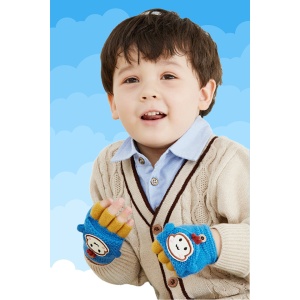 Manusi pentru copii, model cu degetele descoperite si capac decapotabil, prindere cu nasturel, accesorizate cu figurina haioasa, manseta elastica, tematica happy moments, marime 1 – 3 ani, albastre - Img 3