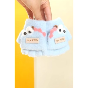 Manusi pentru copii, model cu degetele descoperite si capac decapotabil, prindere cu nasturel, accesorizate cu ochisori curiosi, manseta elastica, tematica funny dino, marime 0 – 3 ani, albastre - Img 4