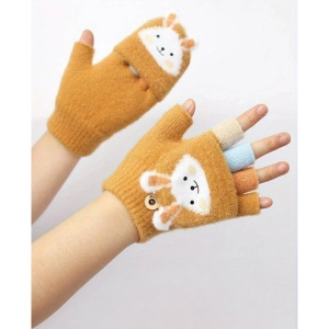 Manusi pentru copii, model cu degetele descoperite si capac decapotabil, prindere cu nasturel, accesorizate cu iepuras, manseta elastica, tematica cute bunny, marime 6 – 12 ani, mustar - Img 3