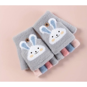 Manusi pentru copii, model cu degetele descoperite si capac decapotabil, prindere cu nasturel, accesorizate cu iepuras, manseta elastica, tematica cute bunny, marime 6 – 12 ani, gri - Img 4