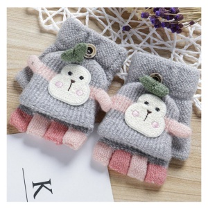 Manusi pentru copii, model cu degetele descoperite si capac decapotabil, prindere cu nasturel, accesorizate cu maimutica haioasa, manseta elastica, tematica happy winter, marime 3 – 6 ani, gri - Img 3