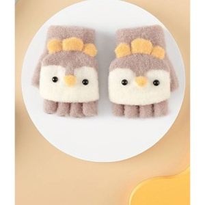 Manusi pentru copii, model cu degetele descoperite si capac decapotabil, accesorizate cu pinguini poznasi, tematica happy feet, marime 1 – 5 ani, maro - Img 2