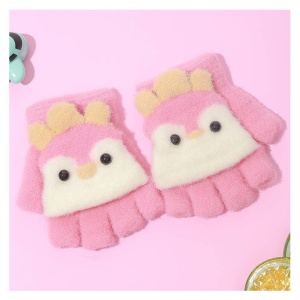 Manusi pentru copii, model cu degetele descoperite si capac decapotabil, accesorizate cu pinguini poznasi, tematica happy feet, marime 1 – 5 ani, roz inchis - Img 3
