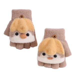 Manusi pentru copii, model cu degetele descoperite si capac decapotabil, prindere cu nasturel, accesorizate cu pinguin simpatic, tematica happy feet, unisex, marime 6 – 24 luni, maro
