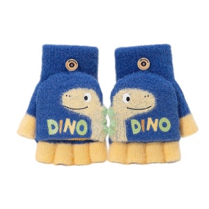 Manusi pentru copii, model cu degetele descoperite si capac decapotabil, prindere cu nasturel, accesorizate cu dinozaur, tematica crazy dino, unisex, marime 3 – 5 ani, albastru inchis