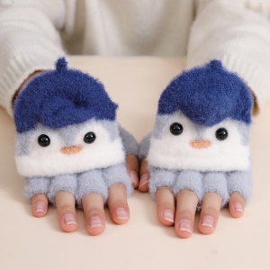 Manusi pentru copii, model cu degetele descoperite si capac decapotabil, prindere cu nasturel, accesorizate cu pinguin simpatic, tematica happy feet, unisex, marime 6 – 24 luni, albastru deschis - Img 2