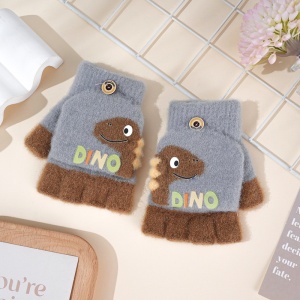 Manusi pentru copii, model cu degetele descoperite si capac decapotabil, prindere cu nasturel, accesorizate cu dinozaur, tematica crazy dino, unisex, marime 3 – 5 ani, gri - Img 2