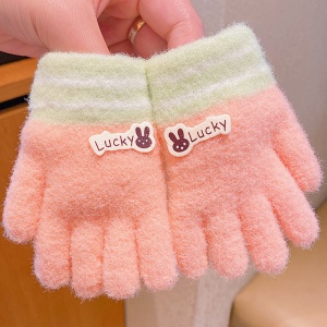 Manusi pentru copii, model pufos si vesel, manseta elastica cu detalii de contrast, tematica lucky bunny, unisex, marime 3 – 8 ani, piersica - Img 4