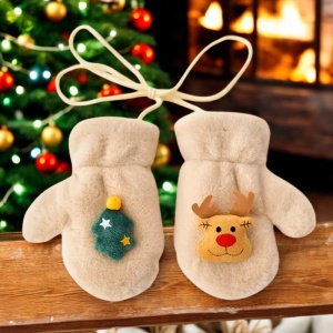 Manusi pentru copii, model super dragalas, moale si pufos, prinse cu snur intre ele, accesorizate cu figurine cute, tematica winter happy baby, 2 - 6 ani, bej - Img 4