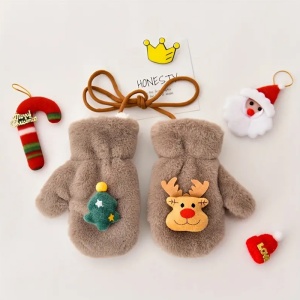 Manusi pentru copii, model super dragalas, moale si pufos, prinse cu snur intre ele, accesorizate cu figurine cute, tematica winter happy baby, 2 - 6 ani, maro - Img 2
