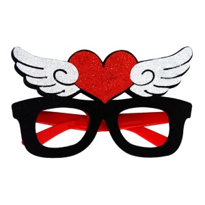 Ochelari amuzanti fara lentile, model petrecere fashion, inima si aripi, tematica party style, negru cu rosu