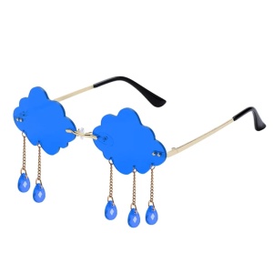 Ochelari de soare pentru femei, model trendy cu norisori, accesorizati cu lantisor si picaturi fashion, tematica I love to party, marime universala, albastru inchis