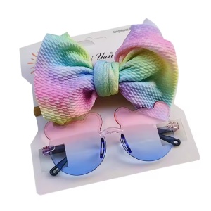 Ochelari de soare pentru fetite, set doua piese, model ursulet prietenos cu funda voluminoasa asortata, imprimeu delicat, tematica cute and fashion, roz cu albastru