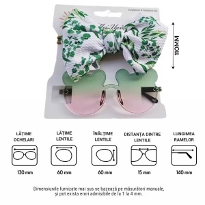 Ochelari de soare pentru fetite, set doua piese, model ursulet prietenos cu funda voluminoasa asortata, imprimeu delicat, tematica cute and fashion, verde cu roz - Img 4