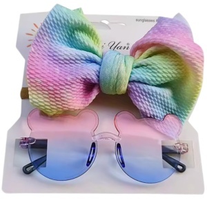 Ochelari de soare pentru fetite, set doua piese, model ursulet prietenos cu funda voluminoasa asortata, imprimeu delicat, tematica cute and fashion, roz cu albastru - Img 2