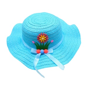 Palarie de soare, copii, model chic de vara pentru fetite, accesorizat cu flori si panglica, prindere sub barbie, margine ondulata, tematica cute summer, marime universala, albastra