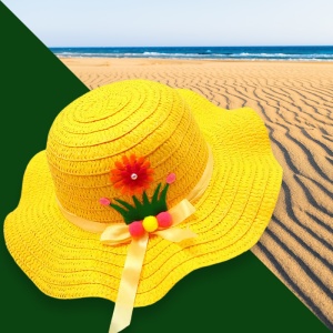 Palarie de soare, copii, model chic de vara pentru fetite, accesorizat cu flori si panglica, prindere sub barbie, margine ondulata, tematica cute summer, marime universala, galbena - Img 3