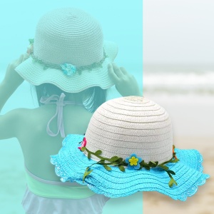 Palarie de soare, copii, model cute de vara pentru fetite, accesorizat cu floricele si frunzulite, prindere sub barbie, margine ondulata, tematica I love flowers, marime universala, albastru deschis - Img 3