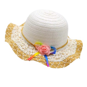 Palarie de soare, copii, model cute elegant pentru fetite, accesorizat cu flori si fundita rainbow, prindere sub barbie, margine ondulata, tematica happy summer, marime universala, mustar