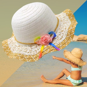Palarie de soare, copii, model cute elegant pentru fetite, accesorizat cu flori si fundita rainbow, prindere sub barbie, margine ondulata, tematica happy summer, marime universala, mustar - Img 3