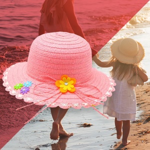 Palarie de soare, copii, model cute elegant pentru fetite, accesorizat cu flori multiple si fundita din sfoara, prindere sub barbie, margine fixa, tematica fashion summer, marime universala, roz deschis - Img 3