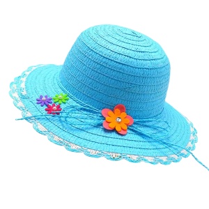 Palarie de soare, copii, model elegant pentru fetite, accesorizat cu flori multiple si fundita din sfoara, prindere sub barbie, margine fixa, tematica fashion summer, marime universala, albastra