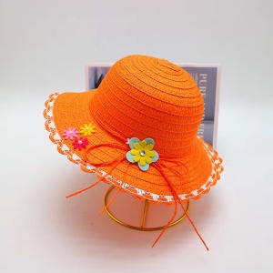 Palarie de soare, copii, model elegant pentru fetite, accesorizat cu flori multiple si fundita din sfoara, prindere sub barbie, margine fixa, tematica fashion summer, marime universala, portocalie - Img 2