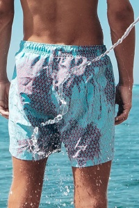Pantaloni scurti de baie tip sort, barbati, albastru, cameleon, imprimeu geometric romburi, uscare rapida - Img 4
