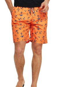 Pantaloni scurti de baie tip sort, barbati, imprimeu cu motive nautice ancora, model cool sailing summer, uscare rapida, portocaliu
