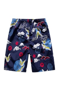 Pantaloni scurti de baie tip sort, barbati, imprimeu stil japonez, uscare rapida, albastru inchis - Img 2