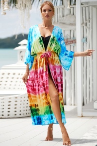 Pareo tip cover up, rochie pentru plaja sau strada, model vesel si elegant, maneci trei sferturi si prindere reglabila, tematica be special, multicolor - Img 3