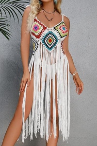Pareo tip rochie pentru plaja, model cu franjuri transparent, tesatura traditionala, tematica crazy retro summer, alb - Img 4