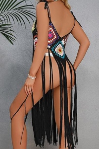 Pareo tip rochie pentru plaja, model cu franjuri transparent, tesatura traditionala, tematica crazy retro summer, negru - Img 2
