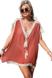 Pareo tip rochie pentru plaja sau strada, decolteu in V reglabil cu ciucurei, broderie pe margini si ciucurei la umeri, portocaliu