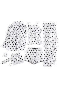 Pijama dama 4 in 1, haine de stat in casa, 7 piese, satin, camasa, maieu, pantalon lung si chilot tip pantalon scurt, alba cu inimioare