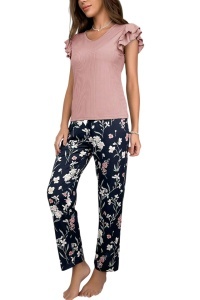 Pijama dama, set 2 piese, bluza cu maneca scurta cu volanase si pantaloni lungi, model deosebit cu imprimeu floral, tematica dream flower, roz cu negru