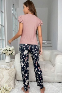 Pijama dama, set 2 piese, bluza cu maneca scurta cu volanase si pantaloni lungi, model deosebit cu imprimeu floral, tematica dream flower, roz cu negru - Img 2