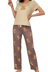 Pijama dama, set 2 piese, bluza cu maneca scurta si pantaloni lungi, model cute cu imprimeu ursuleti prietenosi, tematica bear hug, maro