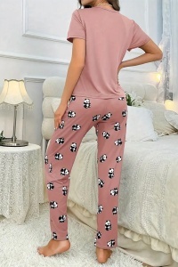 Pijama dama, set 2 piese, bluza cu maneca scurta si pantaloni lungi, model cute cu imprimeu ursulet panda dragalas, tematica sleepy buddy, roz - Img 2