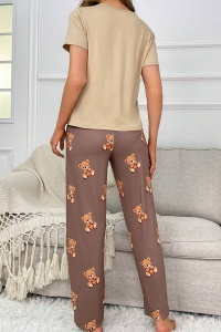 Pijama dama, set 2 piese, bluza cu maneca scurta si pantaloni lungi, model cute cu imprimeu ursuleti prietenosi, tematica bear hug, maro - Img 2
