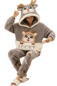 Pijama dama, set 2 piese, bluza maneca lunga cu gluga si pantaloni lungi, model cu animale, ren lucky, tematica I love winter, gri