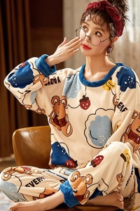 Pijama dama, set 2 piese, bluza maneca lunga si pantaloni lungi, model pufos si calduros, tematica I love bears, albastra - Img 3