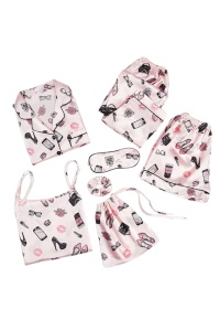 Pijama dama, set 7 piese, model confortabil, cu imprimeu accesorii feminine, tematica fashion elegant, roz
