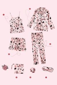 Pijama dama, set 7 piese, model confortabil, cu imprimeu accesorii feminine, tematica fashion elegant, roz - Img 2